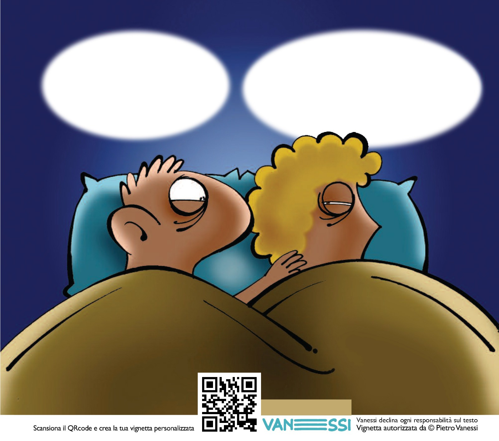 Vignetta personalizzabile che rappresenta una coppia lei e lui a letto, lui con aria desiderosa, lei che lo gela con una occhiata