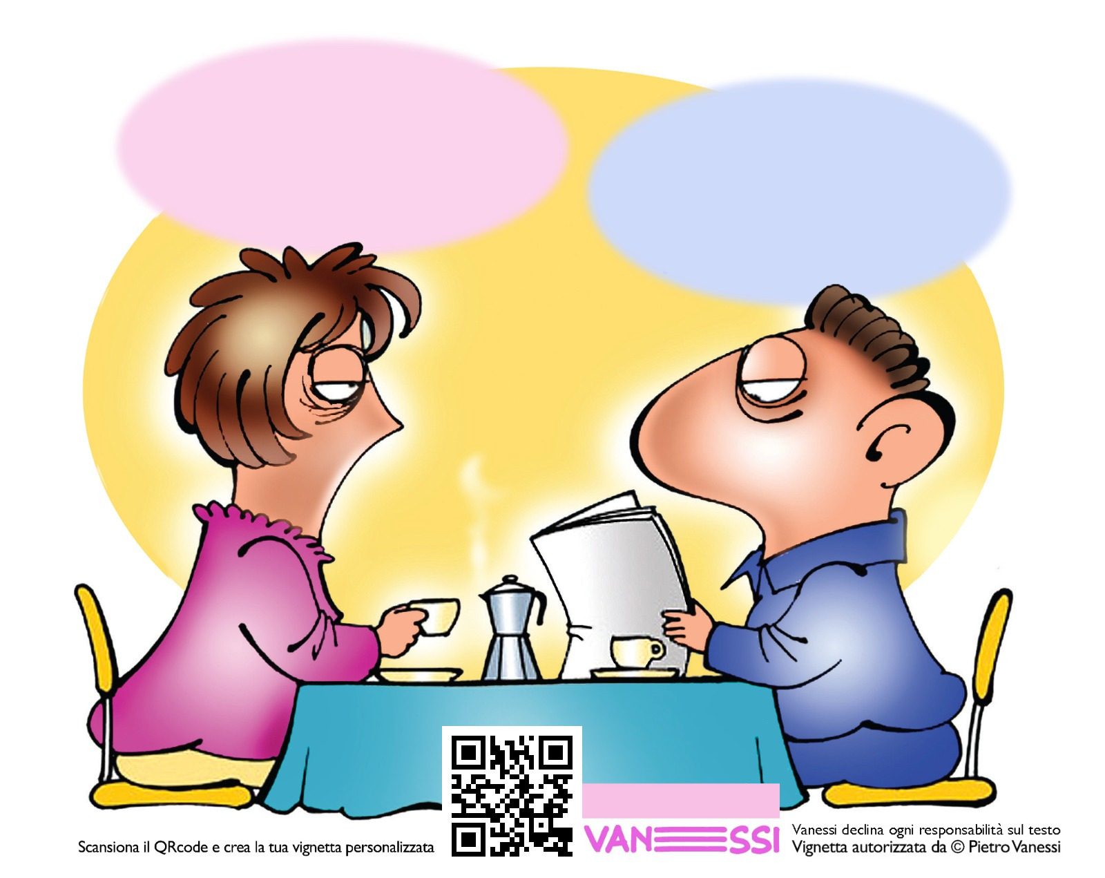 Personalizza una vignetta di Pietro Vanessi di una coppia a tavola con un caffè