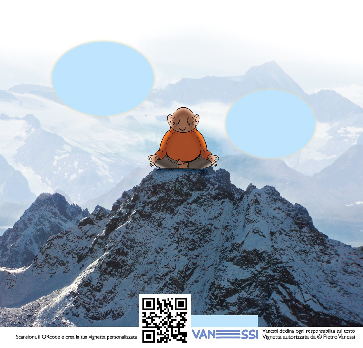 Vignetta personalizzabile che rappresenta l'idiota zen, in meditazione, sulla cima di una montagna innevata