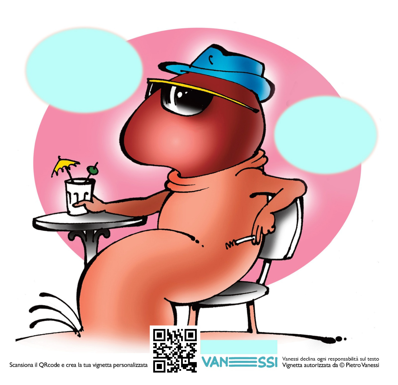 Vignetta personalizzabile che rappresenta il Picio, seduto al bar, mentre sorseggia un drink